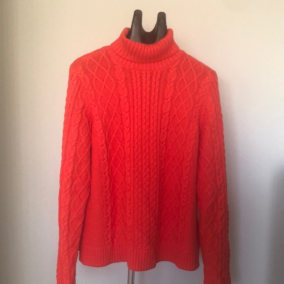 Lands End Cable Knit Turtle Neck Blood Orange Sweater Sz XL - Picture 1 of 12